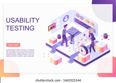 Usability testing isometric landing page vector template. Website optimization and customization services webpage design layout. User experience, UI, UX. App, software development 3d concept