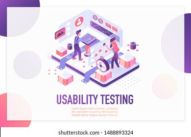 Usability testing isometric landing page vector template. Website optimization and customization services webpage design layout. User experience, UI, UX. App, software development 3d concept