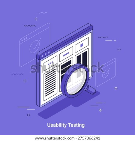 Usability testing with magnifying glass over website interface in isometric view. Software development technology concept. Thin line cartoon vector illustration of digital product analysis.