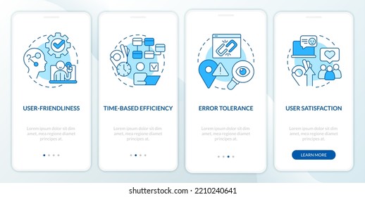 Usability testing measurement blue onboarding mobile app screen. Walkthrough 4 steps editable graphic instructions with linear concepts. UI, UX, GUI template. Myriad Pro-Bold, Regular fonts used