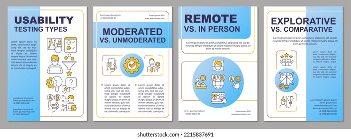 Usability testing methods blue brochure template. UX research types. Leaflet design with linear icons. Editable 4 vector layouts for presentation, annual reports. Aria, Myriad Pro-Regular fonts used