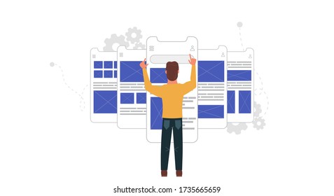 Usability testing mobile screen with people man vector design illustration. Development software application ui and ux interface page. User coding layout site test project form. Flat wireframe create