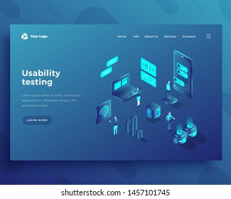 Usability testing office people characters and interact with computer and smartphone landing page or banner template. 3d isometric vector illustration.