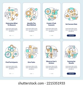 El plan de pruebas de usabilidad se incorpora a pantalla de aplicación móvil. Recorrido del proceso UX 4 pasos instrucciones gráficas editables con conceptos lineales. UI, UX, plantilla GUI. Multitud de tipos de letra Pro-Bold, con uso regular