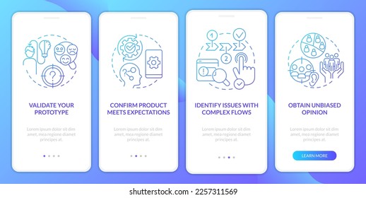 Usability testing profits blue gradient onboarding mobile app screen. Research walkthrough 4 steps graphic instructions with linear concepts. UI, UX, GUI template. Myriad Pro-Bold, Regular fonts used