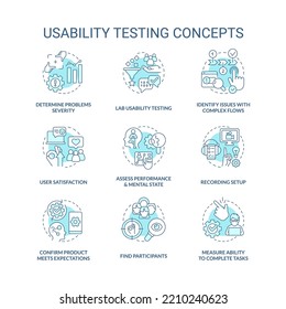 Usability Testing Turquoise Concept Icons Set. Conduct User Experience Research Design Idea Thin Line Color Illustrations. Isolated Symbols. Editable Stroke. Roboto-Medium, Myriad Pro-Bold Fonts Used