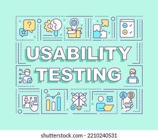 Usability Testing Word Concepts Turquoise Banner. Behavioral Research. Infographics With Editable Icons On Color Background. Isolated Typography. Vector Illustration With Text. Arial-Black Font Used