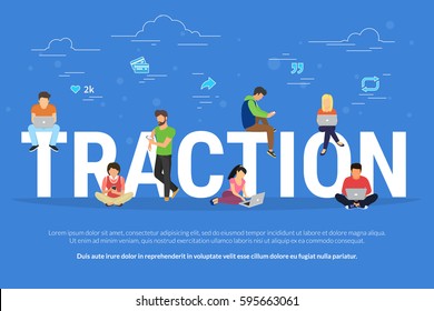 Usability traction concept illustration of young men and women using devices such as laptop, smartphone, tablets. Flat design of people addicted to gadgets sitting on the bid letters with social media