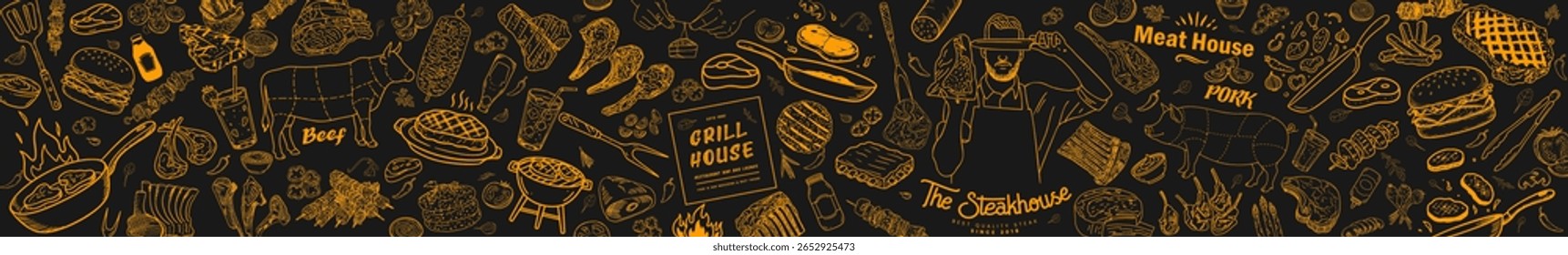 A usable retro menu. Suitable for cafes and steakhouses.
A vintage menu designed with simple lines in a chalkboard style.