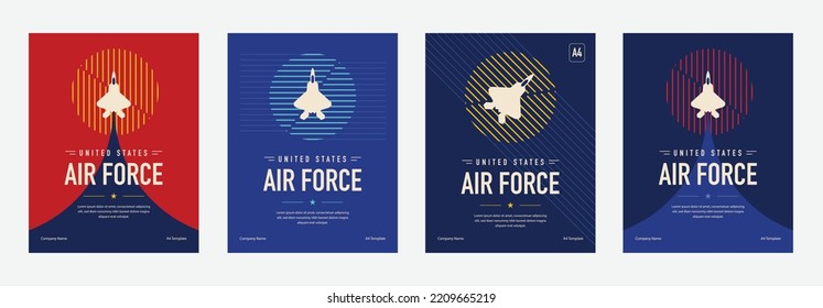 USAF-Jubiläum-Poster und Cover mit minimalistischem und simplifizierendem Ansatz. Diese Plakate und Cover zeigen f22 Raptor als Kerndesign-Element.