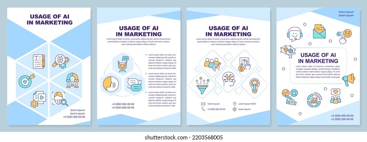 Usage Of AI In Marketing Blue Brochure Template. Leaflet Design With Linear Icons. Editable 4 Vector Layouts For Presentation, Annual Reports. Arial-Black, Myriad Pro-Regular Fonts Used