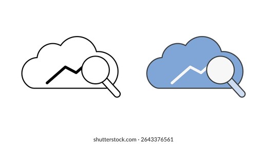 Usage analytics dashboard icon with a cloud, line chart, and magnifier, in outline and color styles, ideal for illustrating cloud performance tracking, user behavior metrics, and SaaS data insights.