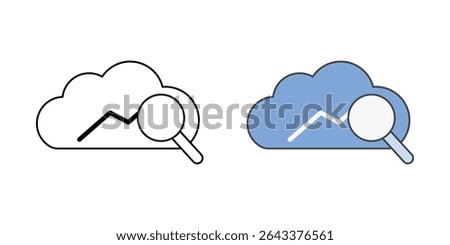 Usage analytics dashboard icon with a cloud, line chart, and magnifier, in outline and color styles, ideal for illustrating cloud performance tracking, user behavior metrics, and SaaS data insights.