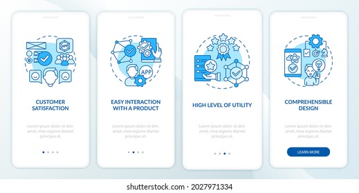 Usage assessment onboarding mobile app page screen. Satisfaction, utility walkthrough 4 steps graphic instructions with concepts. UI, UX, GUI vector template with linear color illustrations