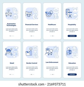 Usage of biometrics light blue onboarding mobile app screen set. Walkthrough 4 steps editable graphic instructions with linear concepts. UI, UX, GUI template. Myriad Pro-Bold, Regular fonts used