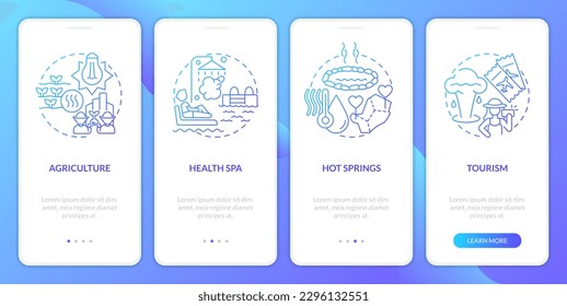 Nutzung von geothermischer Energie mit blauem Farbverlauf auf mobilen App-Bildschirmen. 4-stufige grafische Anleitungen mit linearen Konzepten. UI, UX, GUI-Vorlage. Myriad Pro-kühne, Standardschriftarten verwendet