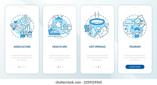 Usage of geothermal energy blue onboarding mobile app screen. Walkthrough 4 steps editable graphic instructions with linear concepts. UI, UX, GUI template. Myriad Pro-Bold, Regular fonts used