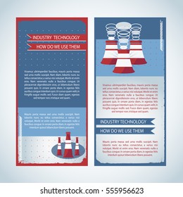 Usage of industry technology banners in blue red colors with chimneys and ribbons isolated vector illustration