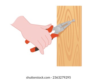 Usage of pliers to extract nail from wooden board vector illustration isolated on white background