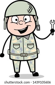 Usage of Wrench Tool - Cute Army Man Cartoon Soldier Vector Illustration