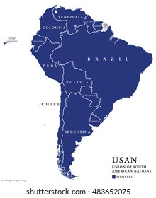 USAN, Union of South American Nations map, an intergovernmental regional organization comprising twelve South American countries. Continental union, also called UNASUR, UNASUL or UZAN. Info graphics.