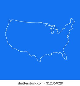 USA,United States Of America Outline Map, Stroke. Line Style. White And Blue. Vector EPS8