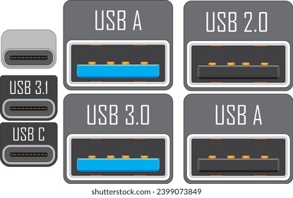 USB 3.0 2.0 (USB A) and USB 3.1 (USB C) slot icon Vector illustration