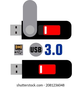 USB 3.0 flash drive device vector icon. Black USB flash drive with connection mark.