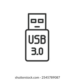 USB 3.0, ícone em design de linha. USB 3.0, conector, porta, cabo, dados, transferência, velocidade no vetor de fundo branco. Ícone de traçado editável do USB 3.0