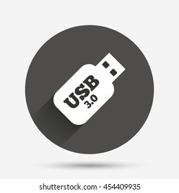 Usb 3.0 Stick sign icon. Usb flash drive button. Circle flat button with shadow. Vector