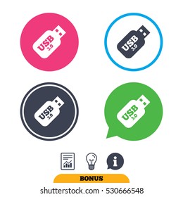 Usb 3.0 Stick sign icon. Usb flash drive button. Report document, information sign and light bulb icons. Vector