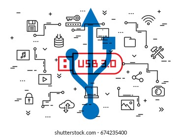 USB 3.0 technology vector illustration. Data storage elements (desktop, usb flash drive, laptop, cloud storage, multimedia files, etc) line art concept.
