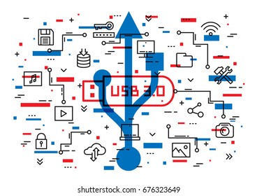 USB 3.0 technology vector illustration with colorful elements. Data storage elements (desktop, usb flash drive, laptop, cloud storage, multimedia files, etc) line art concept.
