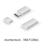 USB 3.0 Type C white colored pen drive flash disk. Vector illustration in 3D looks isometric