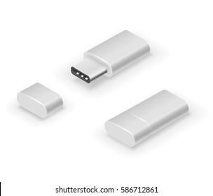 USB 3.0 Type C white colored pen drive flash disk. Vector illustration in 3D looks isometric