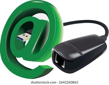 Adaptador usb com cabo e conector emergindo de um símbolo at verde contra um fundo branco representando conexão e comunicação com a internet