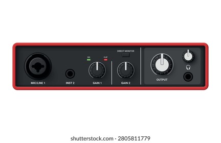 USB audio interface for recording microphones and instruments with clear control layout and ports for connections