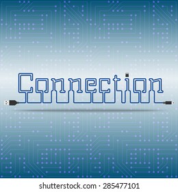 USB blue cable, vector illustration. Logo - Connection. Text laid cable. Background microchip