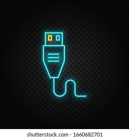 Usb. Blue and yellow neon vector icon. Transparent background