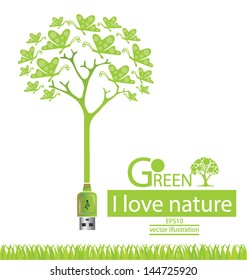 Usb cable. Butterfly. Tree design. Go green. Save world. vector illustration.