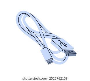 USB cable for charging, connecting devices. Coiled cord with adapter and type C connector for phones, computers. Tech power accessory, equipment. Flat vector illustration isolated on white background