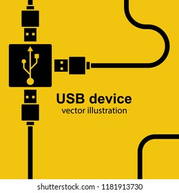 USB cable are connected to hub. USB wires in minimal design a black line isolated on a yellow background. Network cord for phone, charging and other devices. Vector illustration flat style.