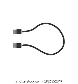 USB to USB cable for connecting various devices. The cable is black with a loop for the computer. Flat vector illustration
