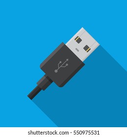 USB cable connector cord icon on blue background.