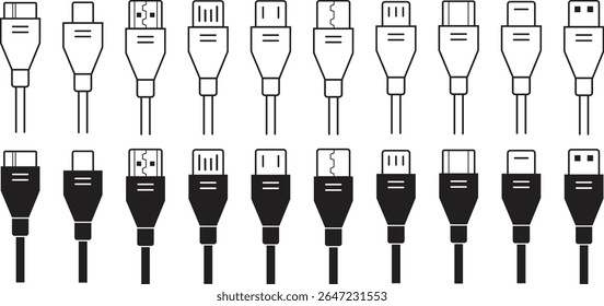 Conjunto de ícones do conector do cabo USB. USB tipo C, um raio e micro usb telefone carregador vetor coleção isolado transparente. Conecte o símbolo do adaptador. Conector do dispositivo eletrônico. Sinais de carregador de smartphone.