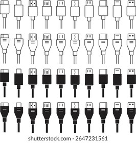Conjunto de ícones do conector do cabo USB. USB tipo C, um raio e micro usb telefone carregador vetor coleção isolado transparente. Conecte o símbolo do adaptador. Conector do dispositivo eletrônico. Sinais de carregador de smartphone.