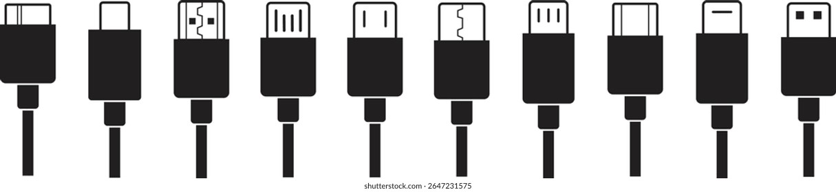 Conjunto de ícones do conector do cabo USB. USB tipo C, um raio e micro usb telefone carregador vetor coleção isolado transparente. Conecte o símbolo do adaptador. Conector do dispositivo eletrônico. Sinais de carregador de smartphone.