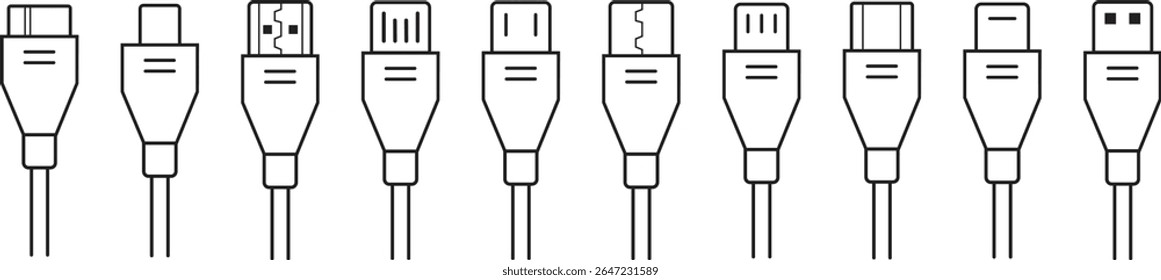 Conjunto de ícones do conector do cabo USB. USB tipo C, um raio e micro usb telefone carregador vetor coleção isolado transparente. Conecte o símbolo do adaptador. Conector do dispositivo eletrônico. Sinais de carregador de smartphone.