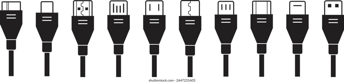 Conjunto de ícones do conector do cabo USB. USB tipo C, um raio e micro usb telefone carregador vetor coleção isolado transparente. Conecte o símbolo do adaptador. Conector do dispositivo eletrônico. Sinais de carregador de smartphone.