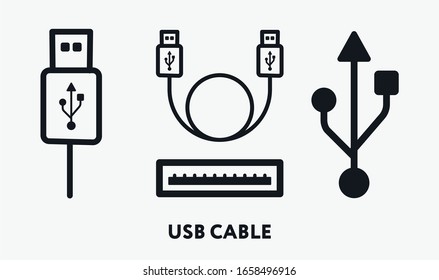 Símbolo del cable del cable del conector del cable USB. Juego de iconos de línea de vector plano.
